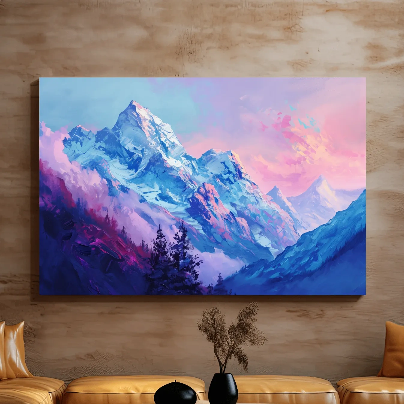 Impressionism style painting of a pink alpine sunset over a glacier