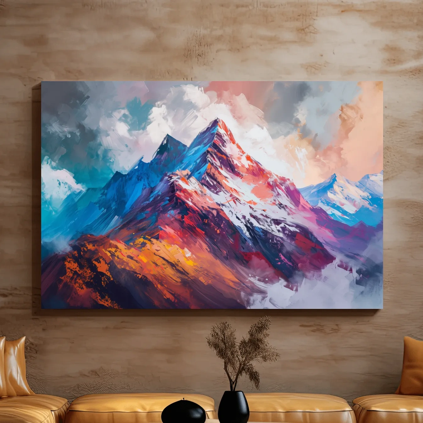 Vibrant impressionism style textured mountain painting artwork