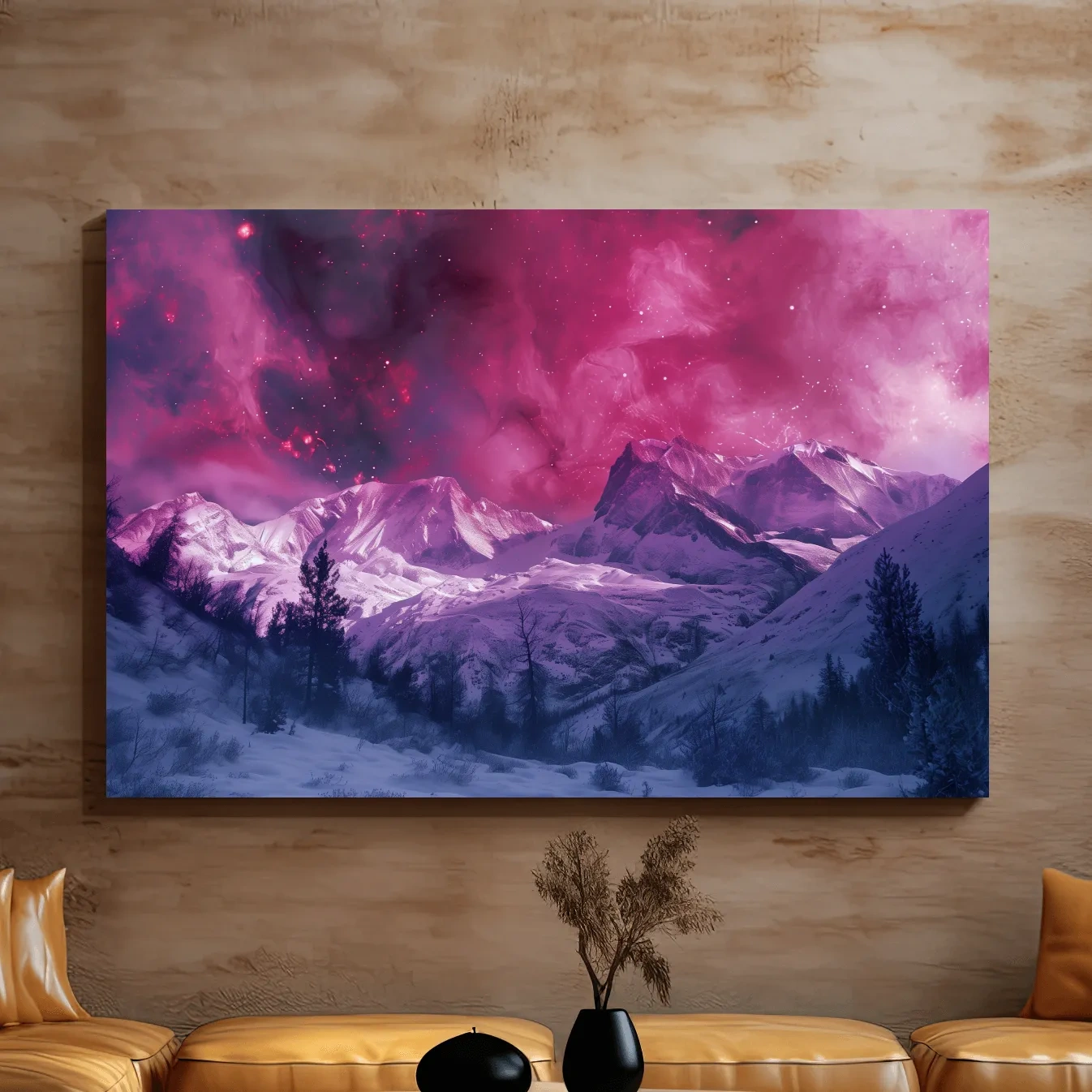 Surreal Nebula Galaxy Alpine Glacier Landscape - Cosmic Winter Night Sky Wall Art