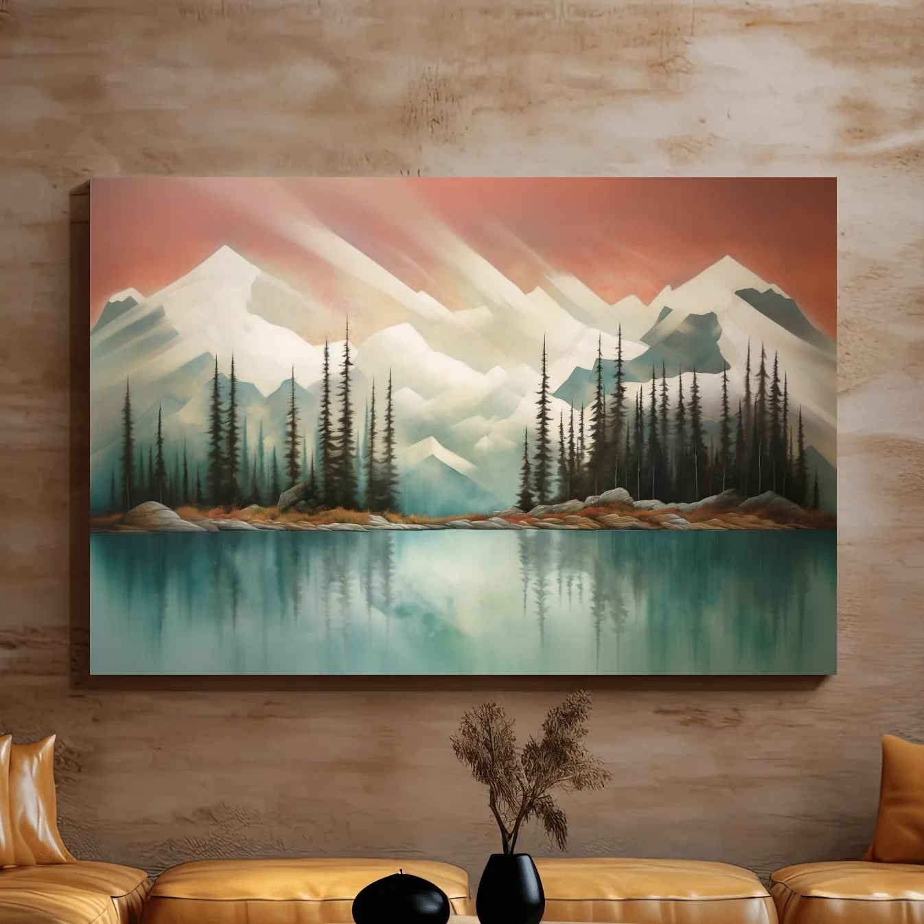 Trees on a beautiful alpine lake, mountain painting, abstract