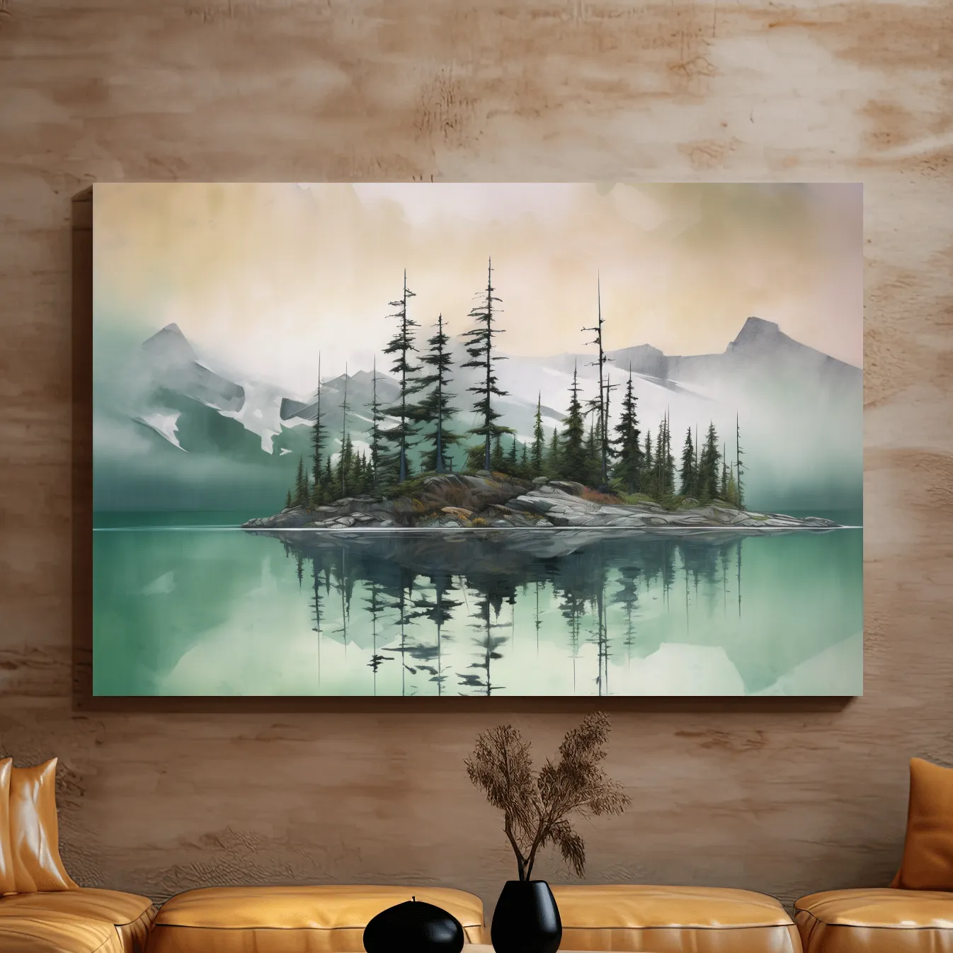 Trees on a turquoise alpine lake, mountain painting