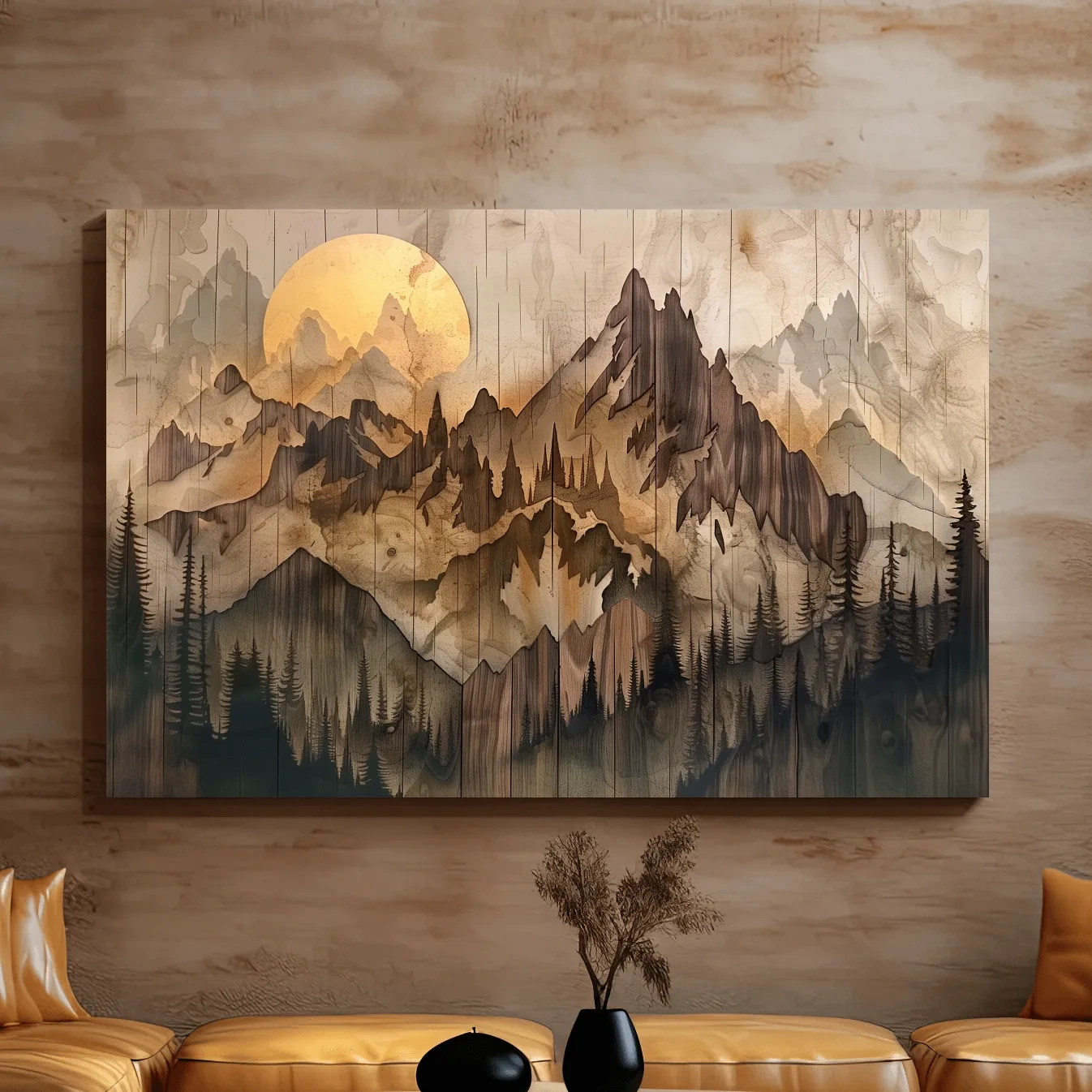 Rustic Sepia Mountain Sunrise Landscape - Vintage Wood Grain Watercolor Artwork