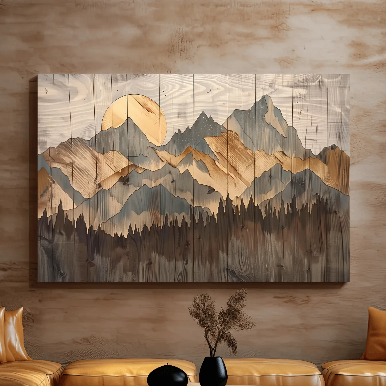 Rustic Mountain Range Sunrise - Woodgrain Style Forest Wall Art