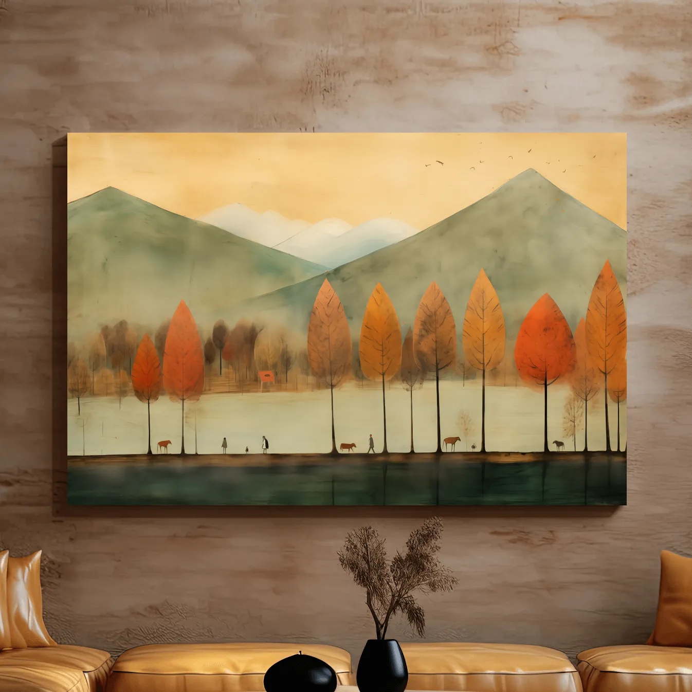 Textured painting of characters on a treelined lake in fall