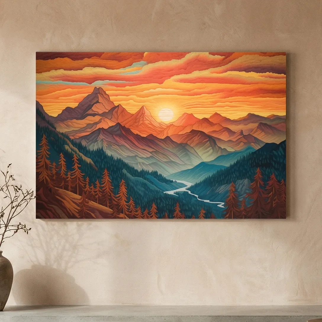 Vibrant Sunset Mountain Range Illustration - Layered Alpine Landscape Wall Art
