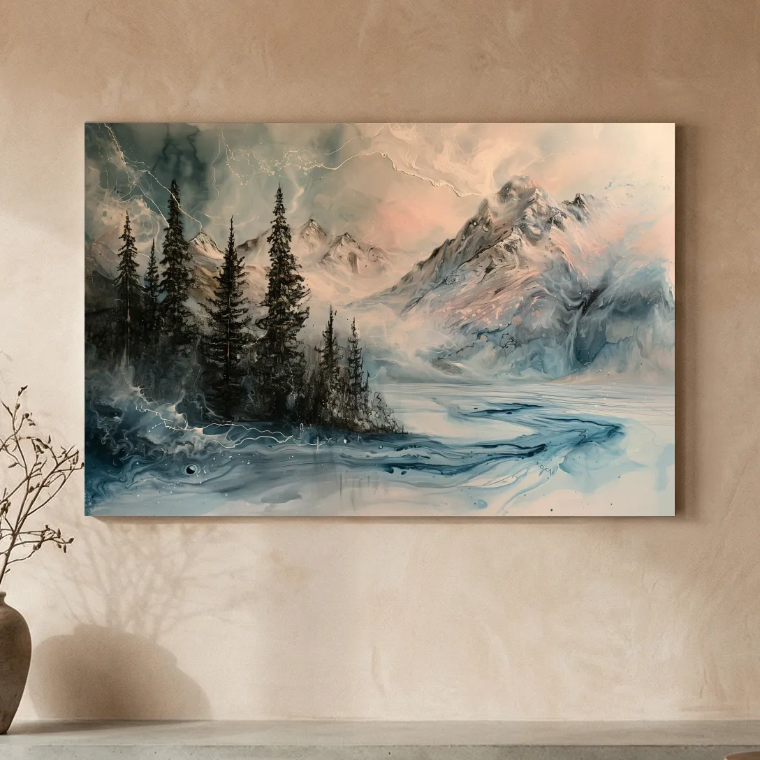 Ethereal Mountain Lake Alpine Forest - Moody Abstract Alcohol Ink Wall Art
