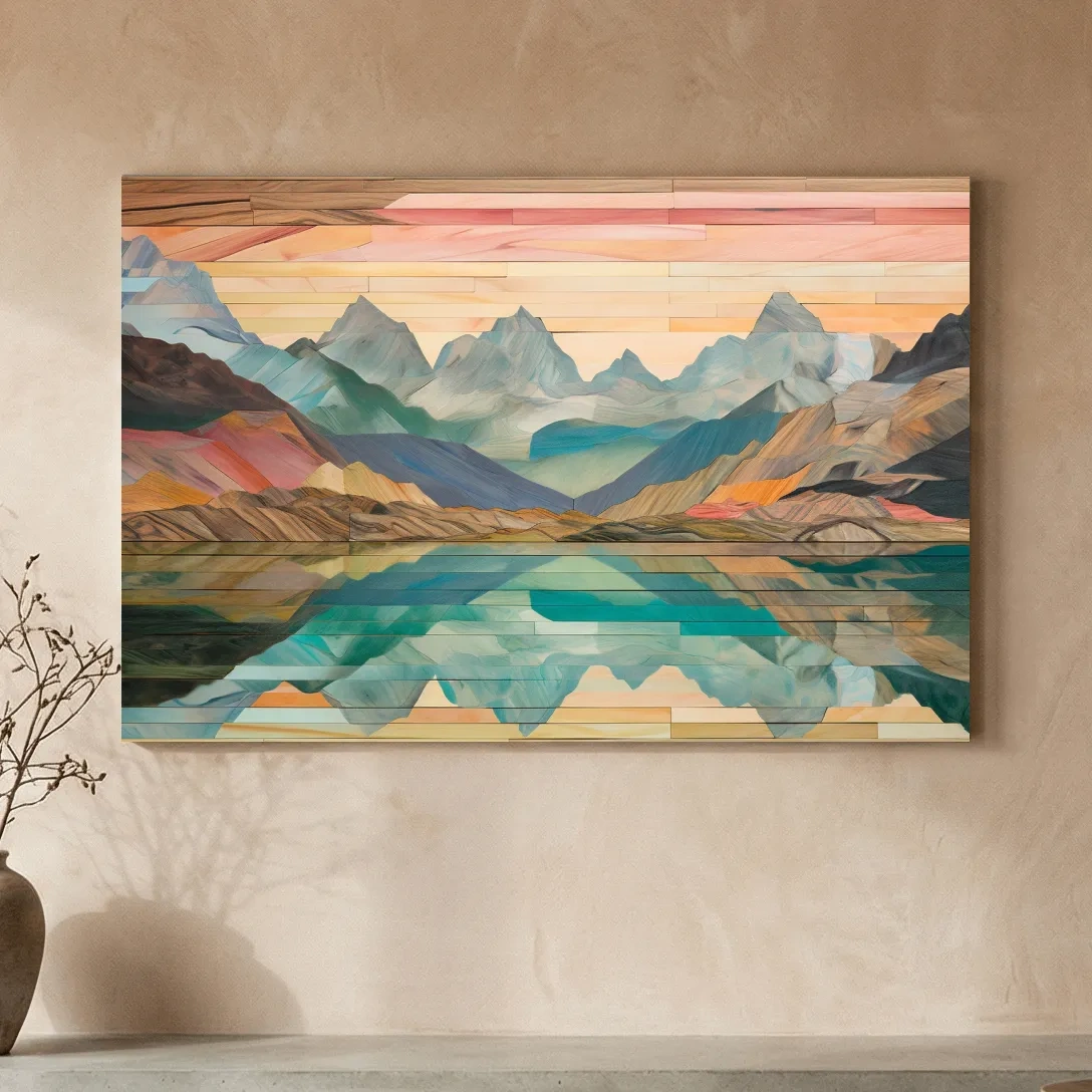 Alpine Lake Mountain Reflection - Layered Wooden Style Landscape Wall Art