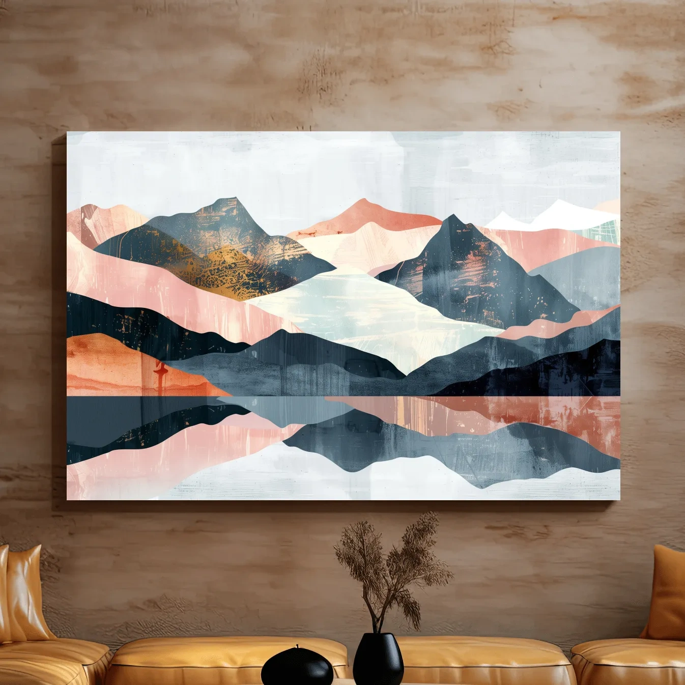 Abstract mountain painting, mid century style artwork