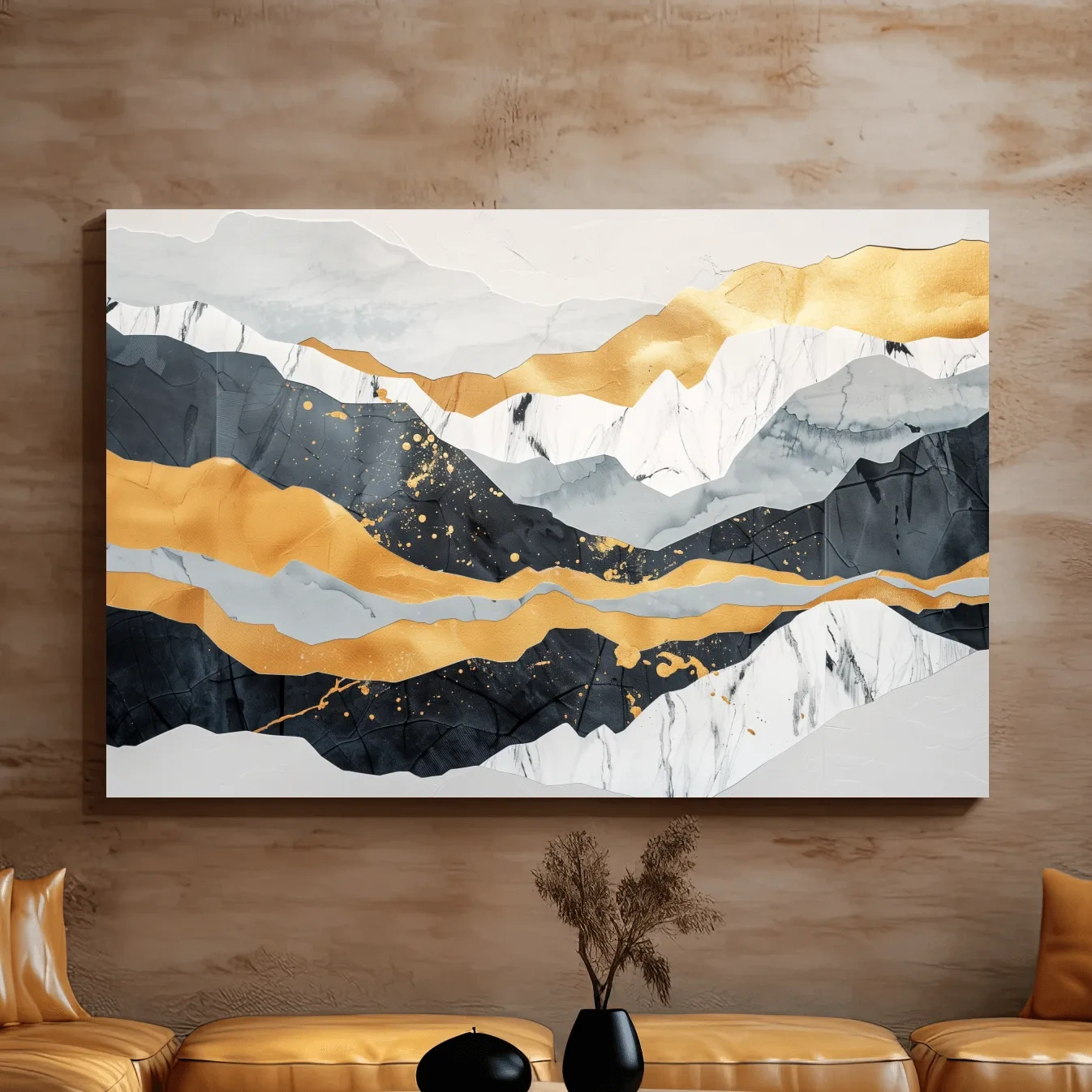 Abstract layered mixed media artwork, elegant mountain ridgelines, large format wall art