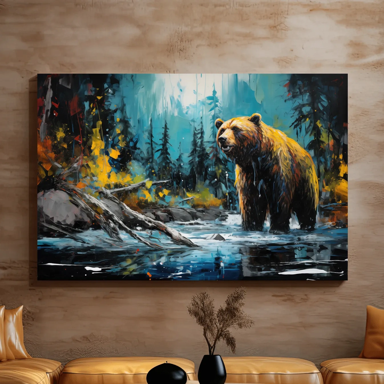 Colourful painting of a grizzly bear in the river