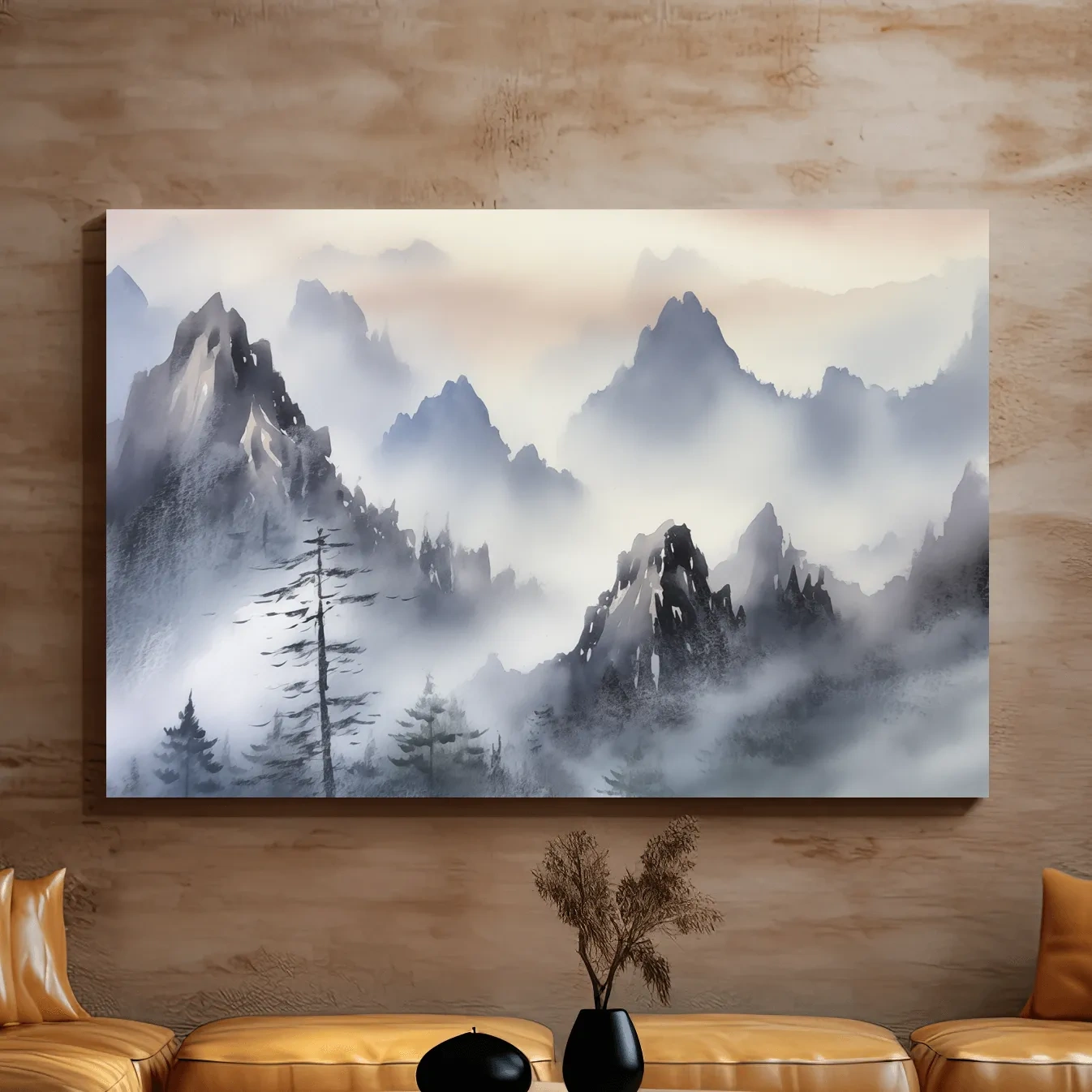 Chinese traditional ink wash style watercolour painting of foggy mountains