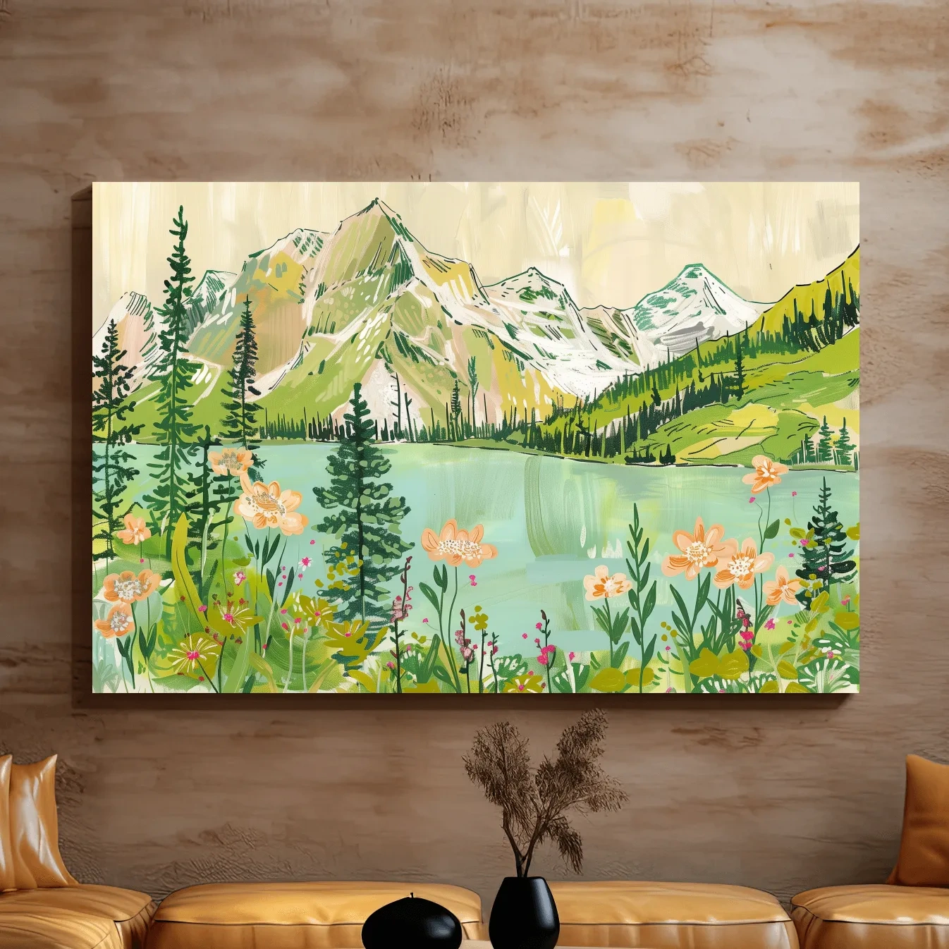 Alpine lake and mountains artwork, stylized painting style