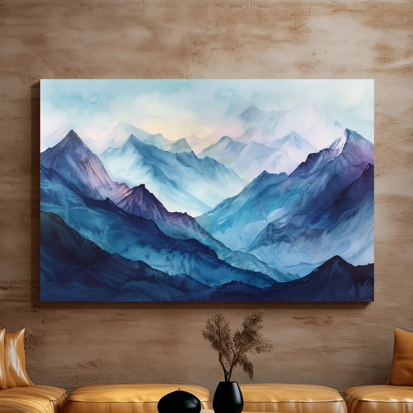 Watercolour mountain painting, colourful mountain landscape artwork