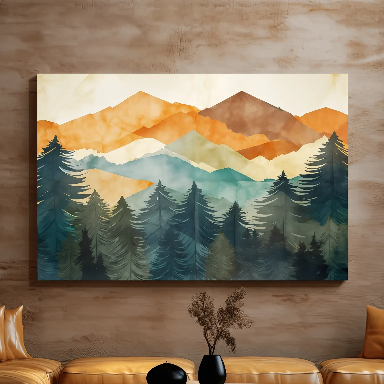 Abstract watercolor painting, mountains and forest
