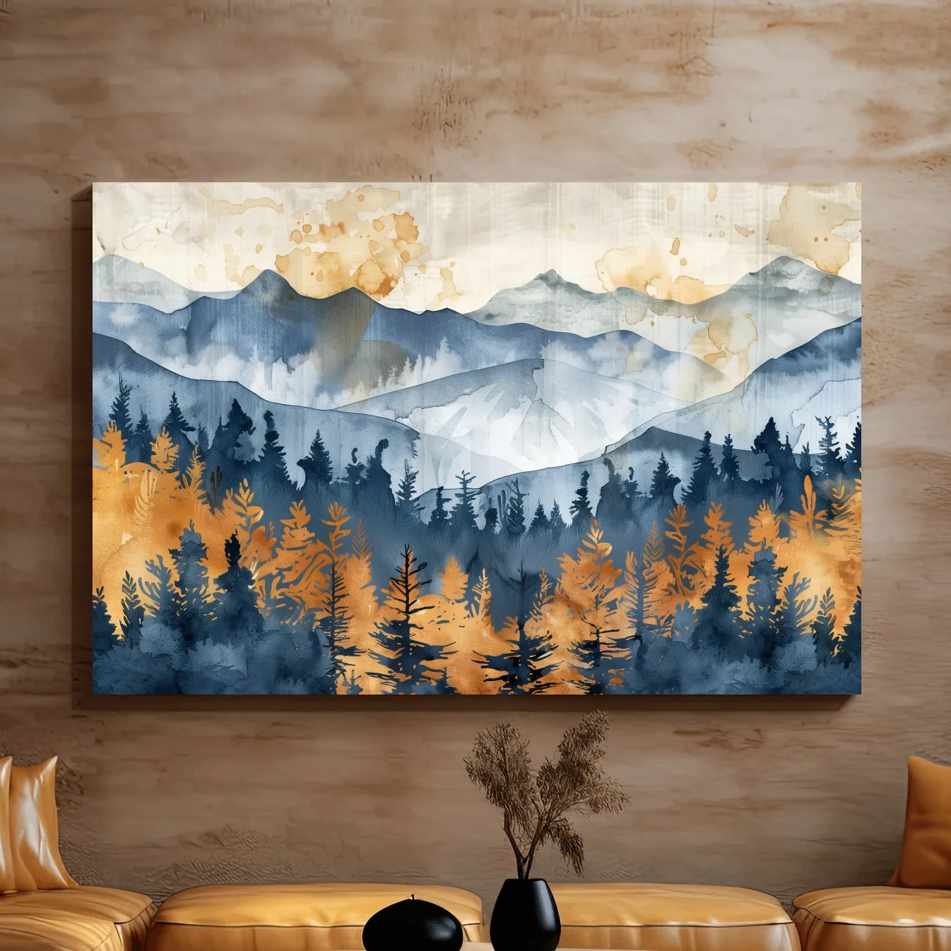 Abstract textured mountain and forest watercolour painting artwork, large format