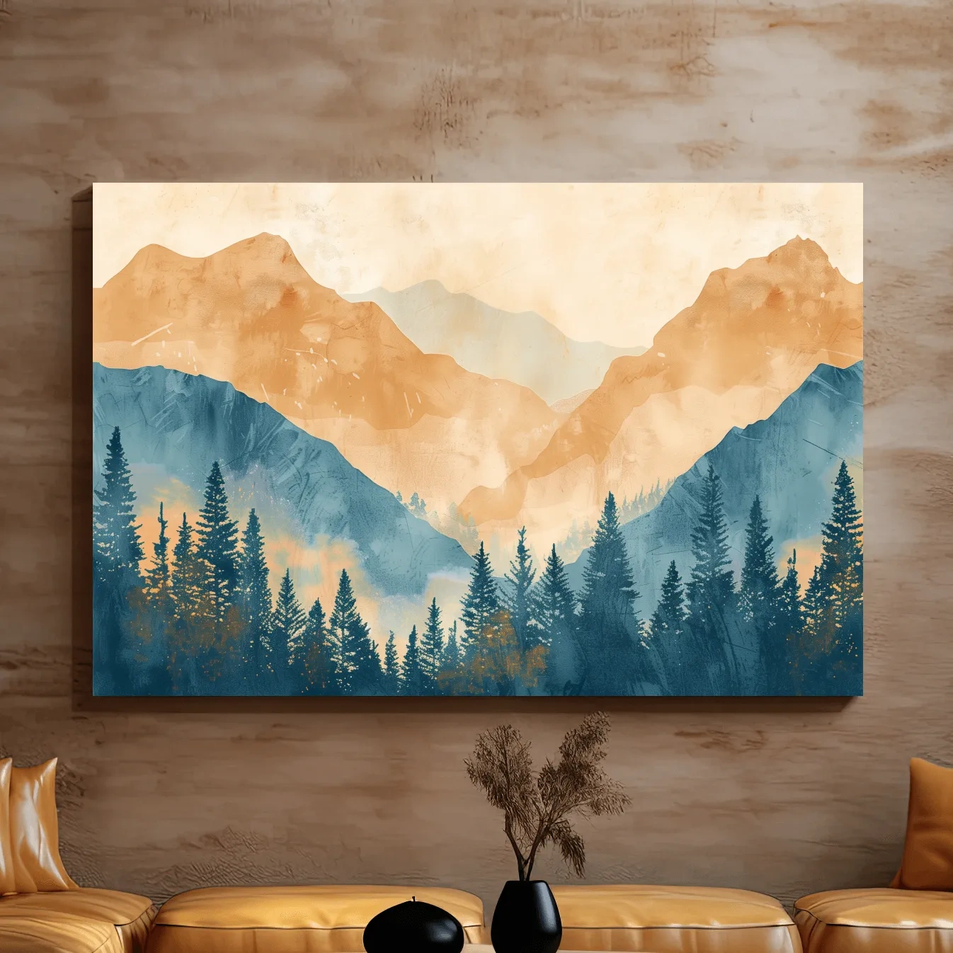 Watercolour painting, foggy treeline in the mountains, textured art style