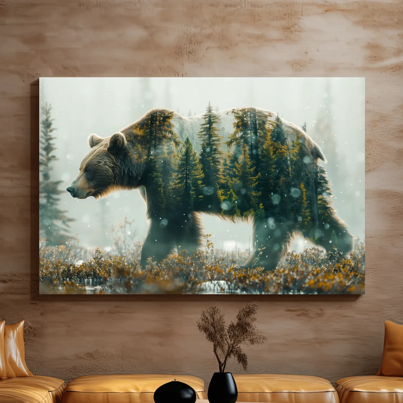 Double exposure photography, grizzly bear in the forest