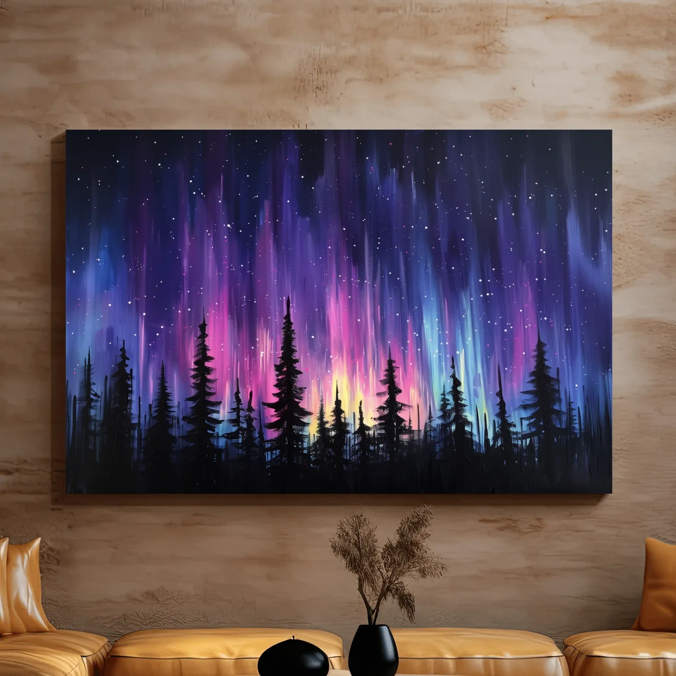 Painting of silhouetted trees against purple and pink northern lights sky