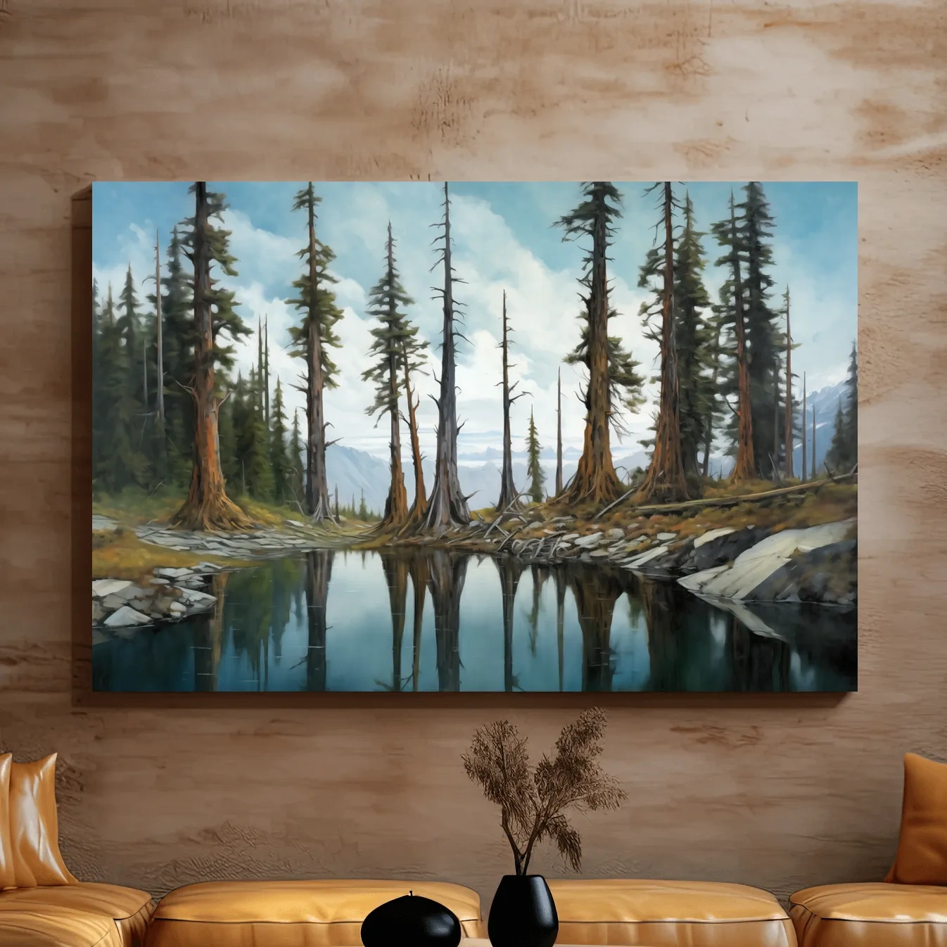 Painting of a line of trees beside a lake and mountains, forest artwork