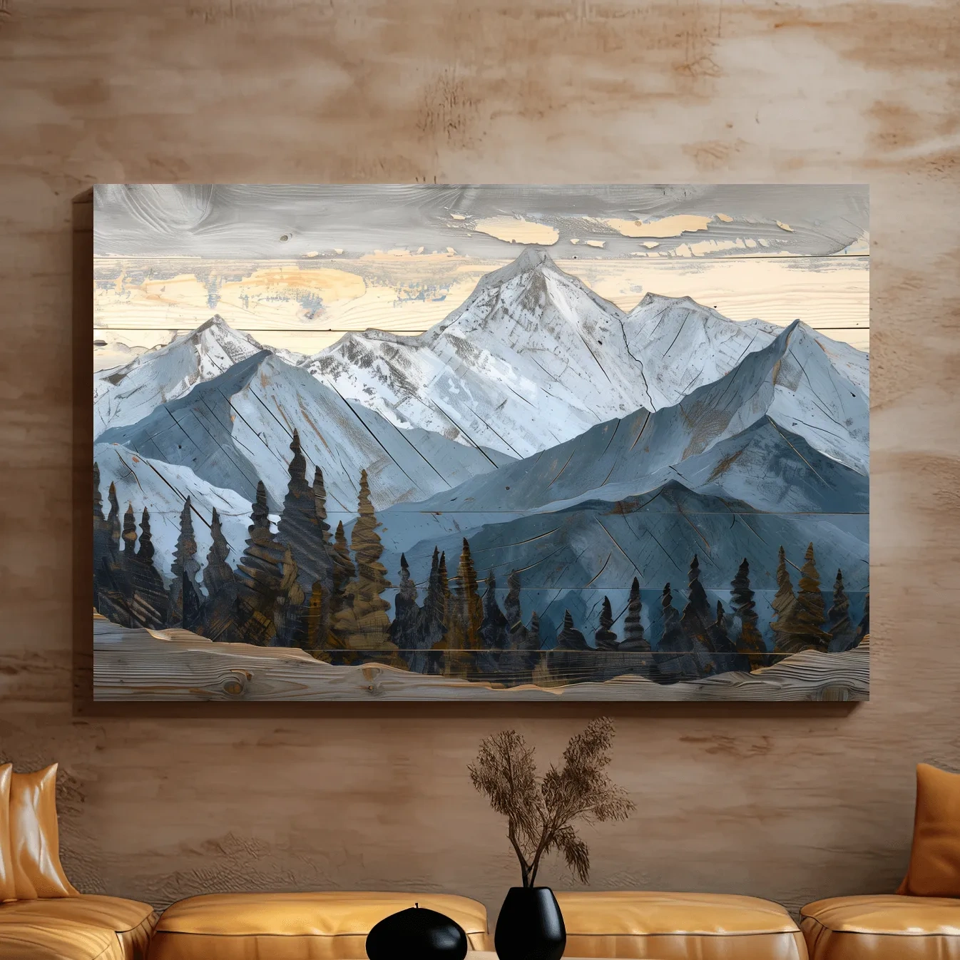 Rustic wood mountain and forest art