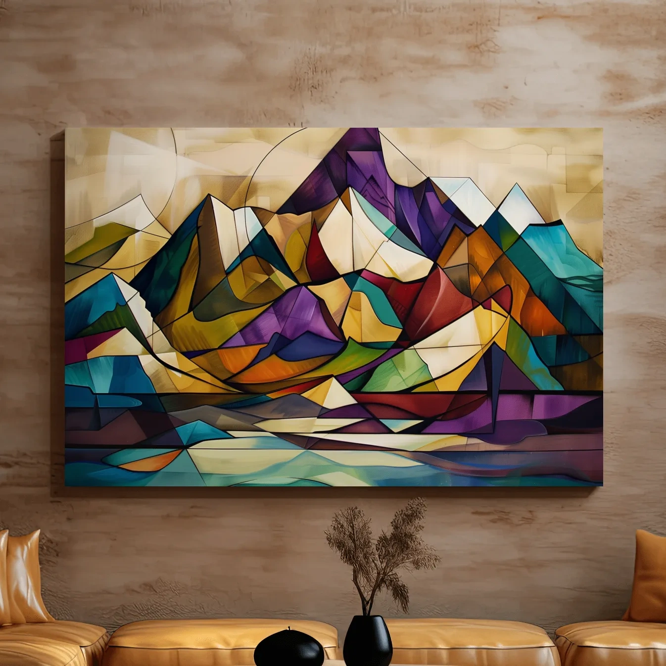 Abstract colorful mountain art, mixed media leadlight style painting