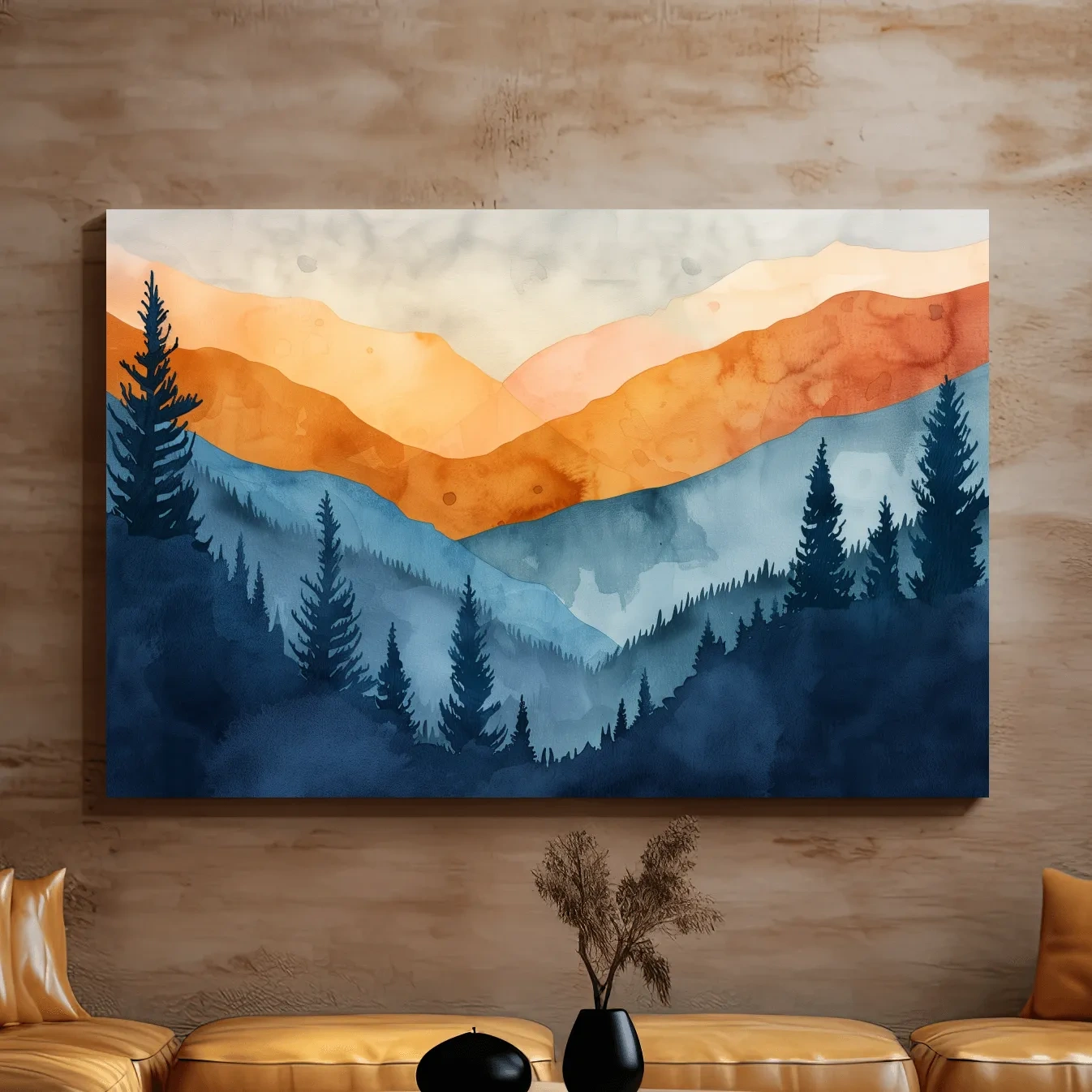 Mountain landscape and forest watercolour painting wall art