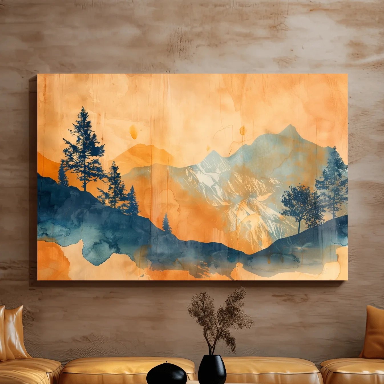 Abstract watercolor painting wall art, trees, mountains and glacier