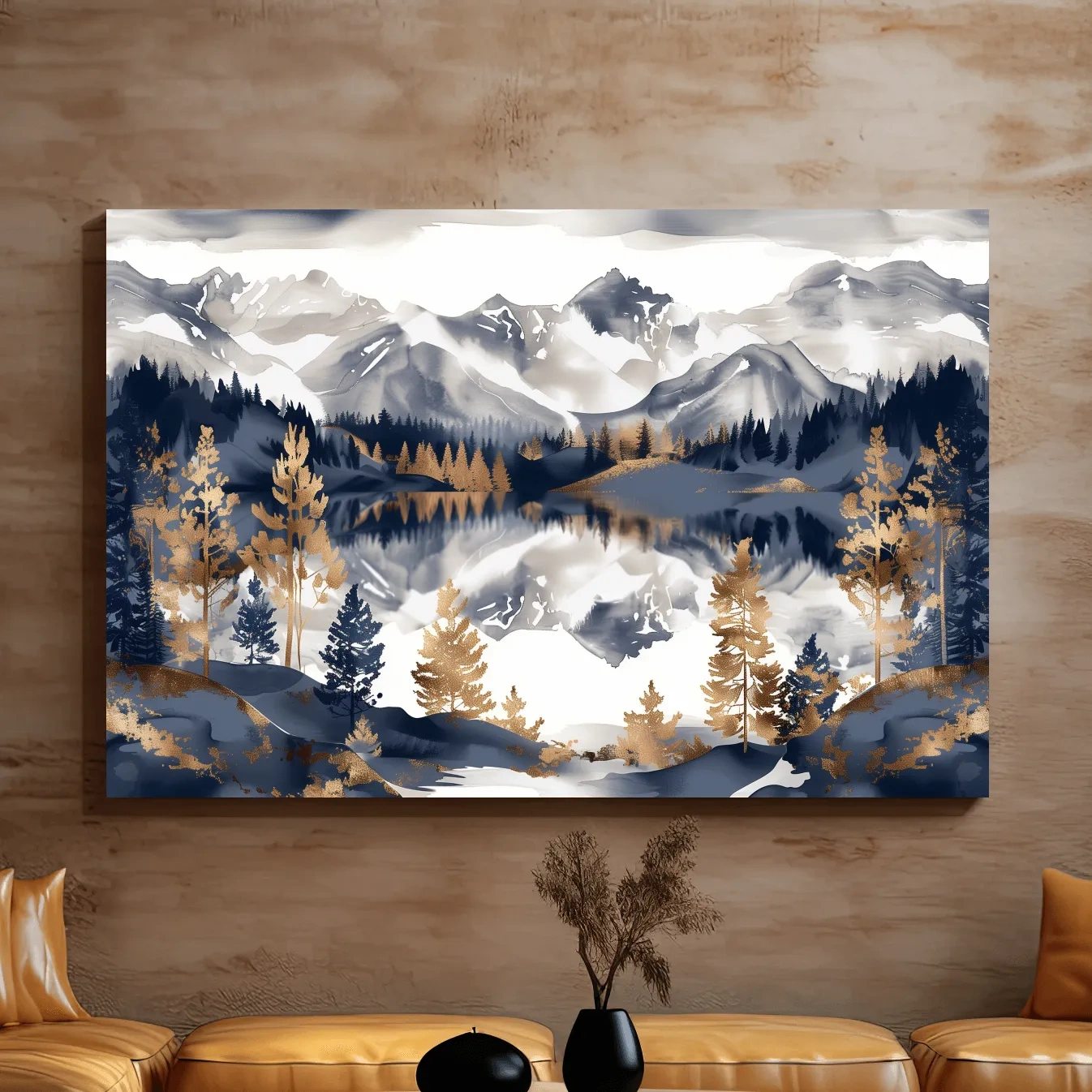 Gold Leaf Style Watercolor Alpine Lake Reflection - Mountain Landscape Artwork