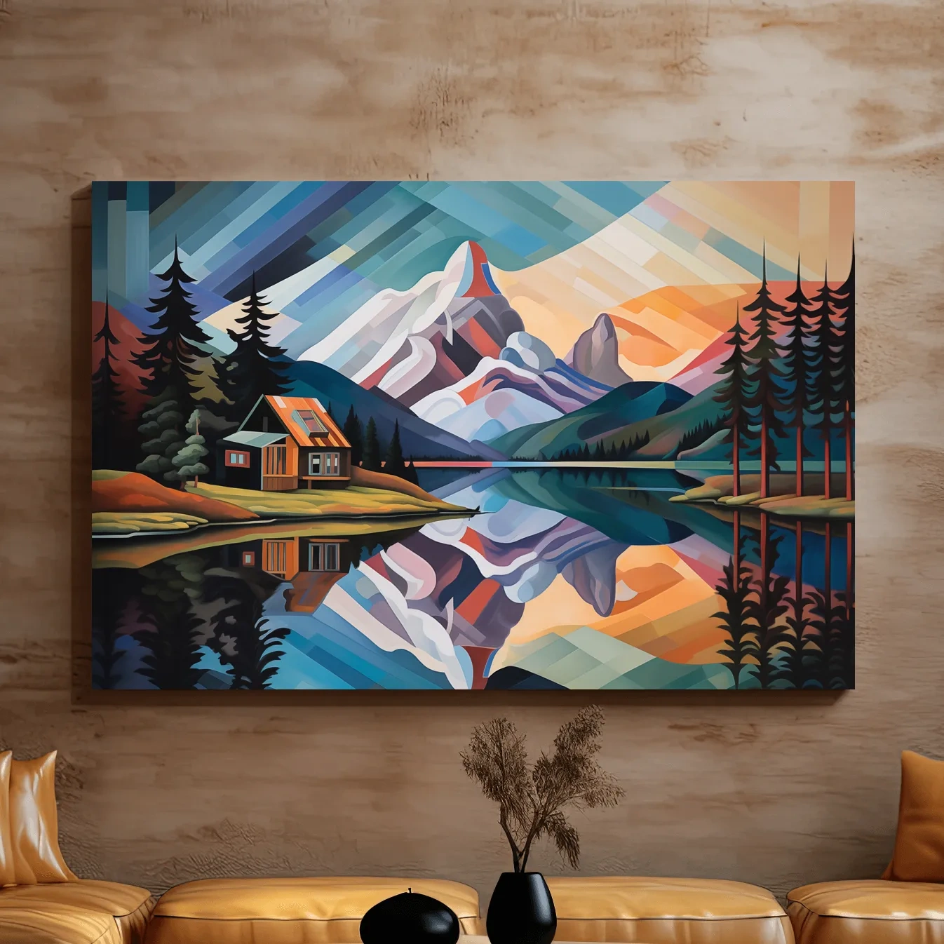 Abstract oil painting of a cabin by a lake at sunset