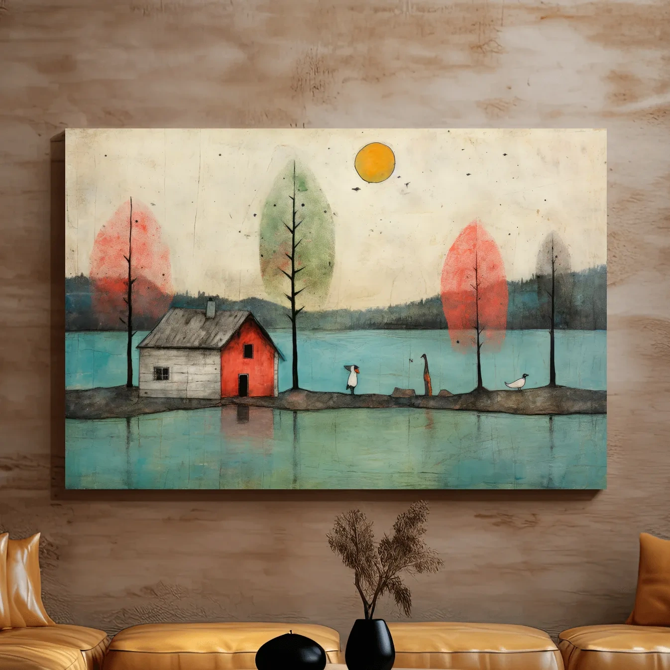 Painting of a quirky cabin on the lake, textured effect
