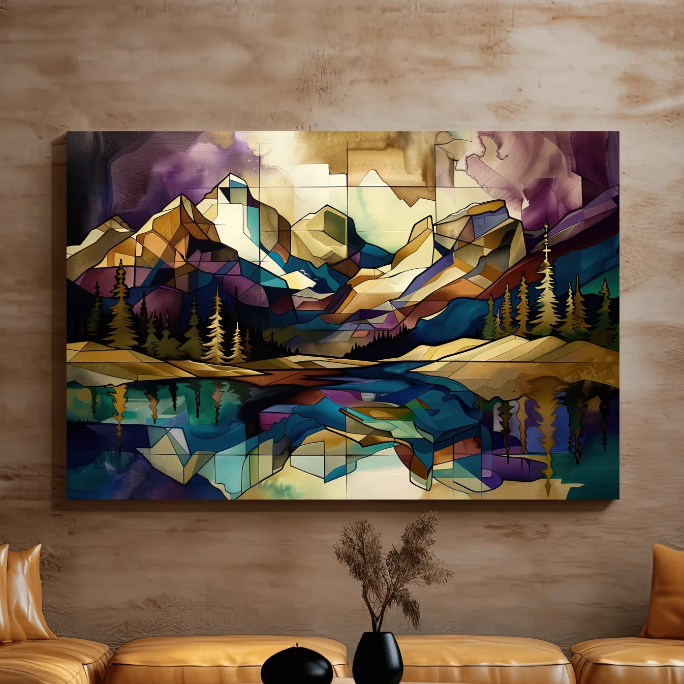 Treelined alpine lake and mountain scene, mixed media style colorful abstract painting