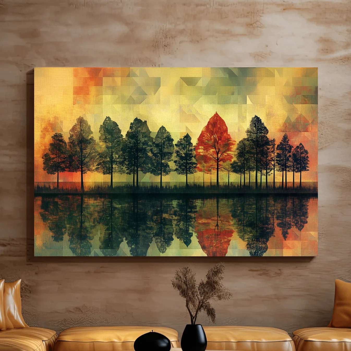 Abstract Geometric Autumn Forest Reflection - Modern Mosaic Landscape Artwork