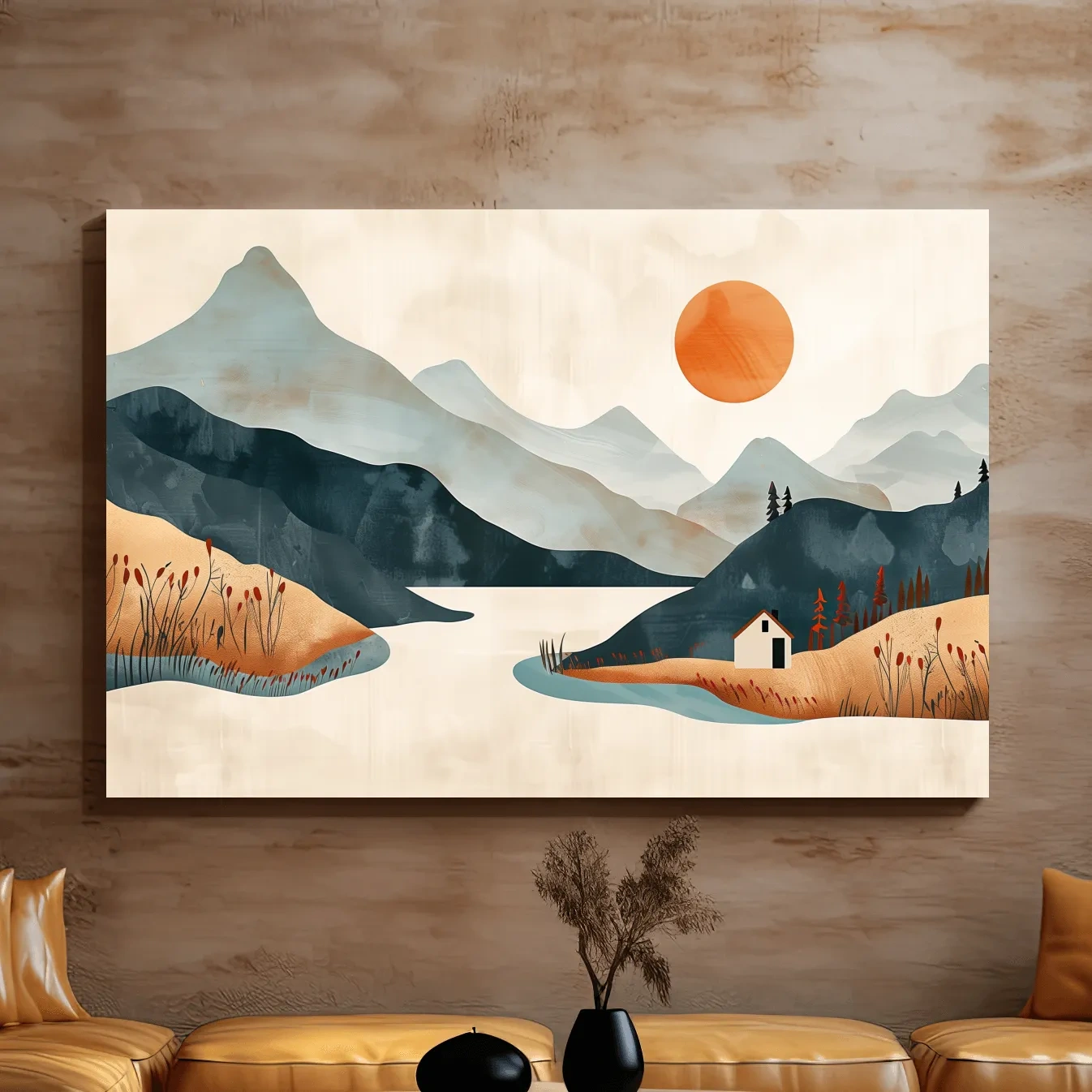 Storybook lakehouse landscape scene, mountain sunset minimalist style illustration artwork