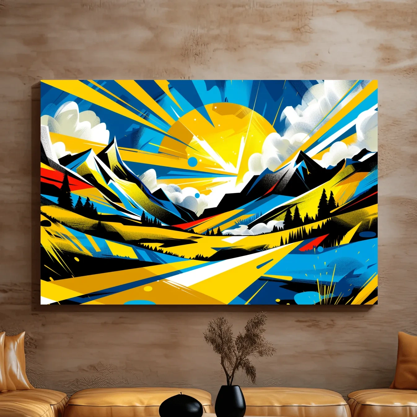 Graffiti style sunset mountain wall art, vibrant bright colorful artwork
