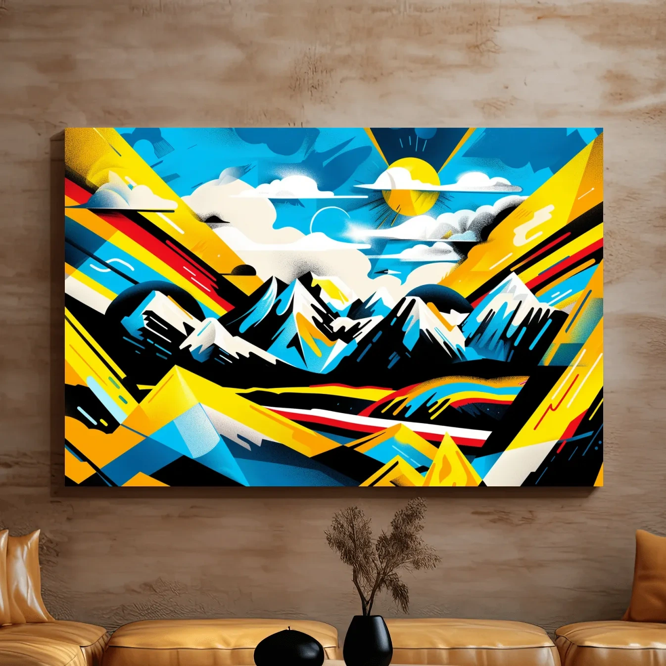 Vibrant bright colorful sunset mountain wall art, graffiti style illustration artwork