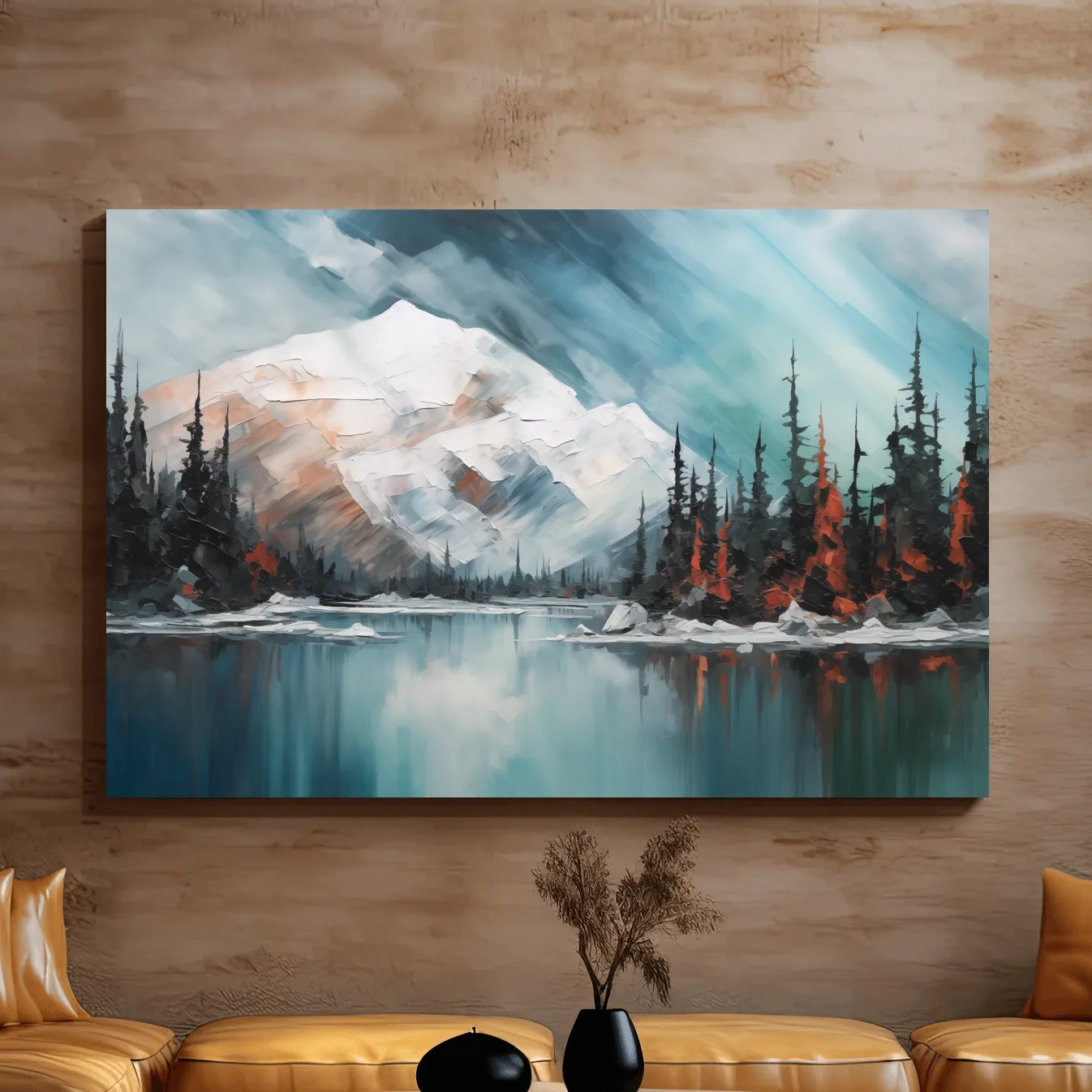 Alpine Glacier Lake Impasto Style Painting - Textured Forest Wall Art