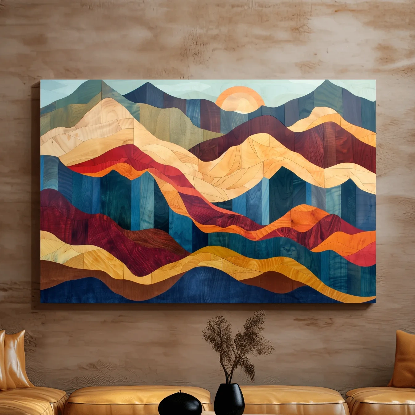 Wood intarsia style wall art, colorful mountain patterns with wood grain effect