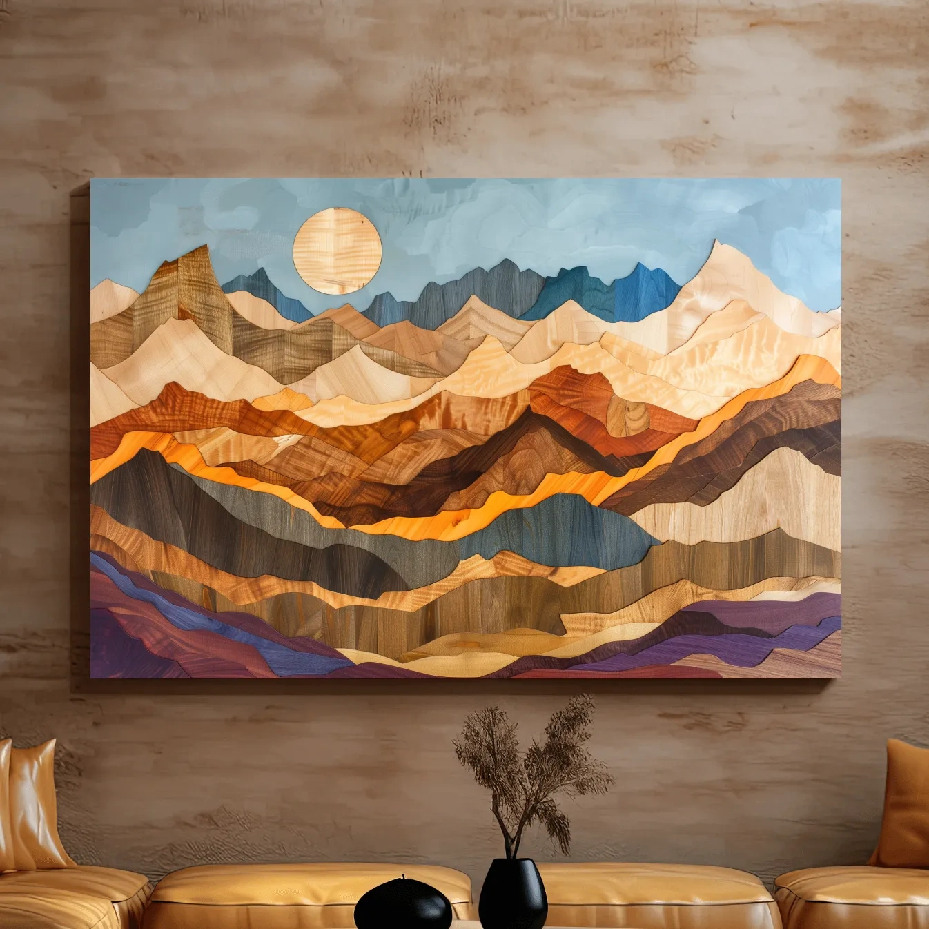 Colorful mountain patterns, 3d layered effect wood intarsia style canvas art