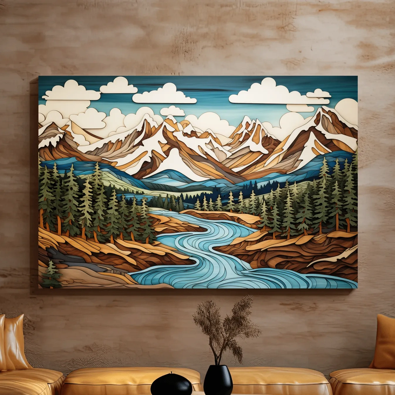 Intarsia style artwork of a mountain, river and forest landscape