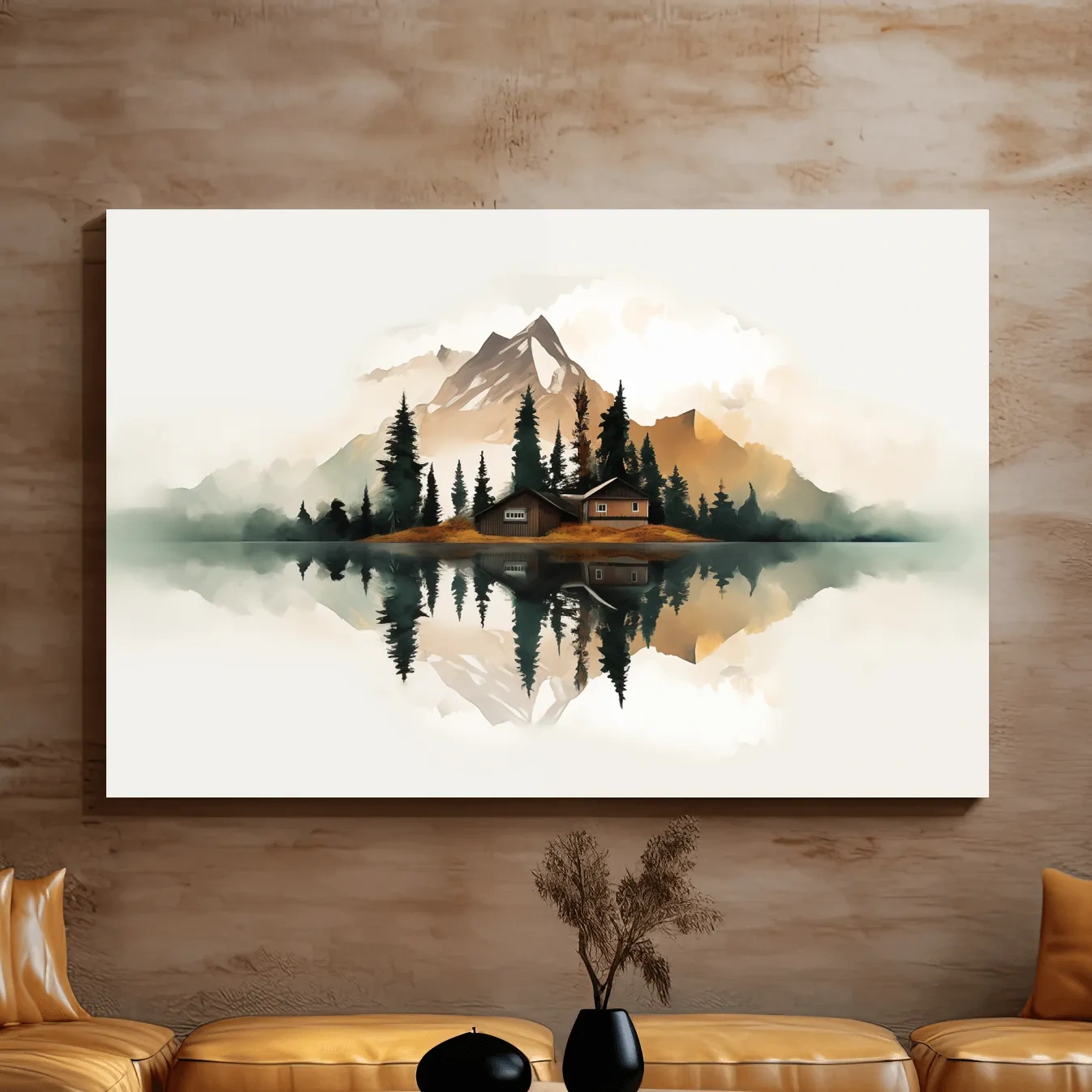 Minimalist art, glacier, lake, cabin, trees