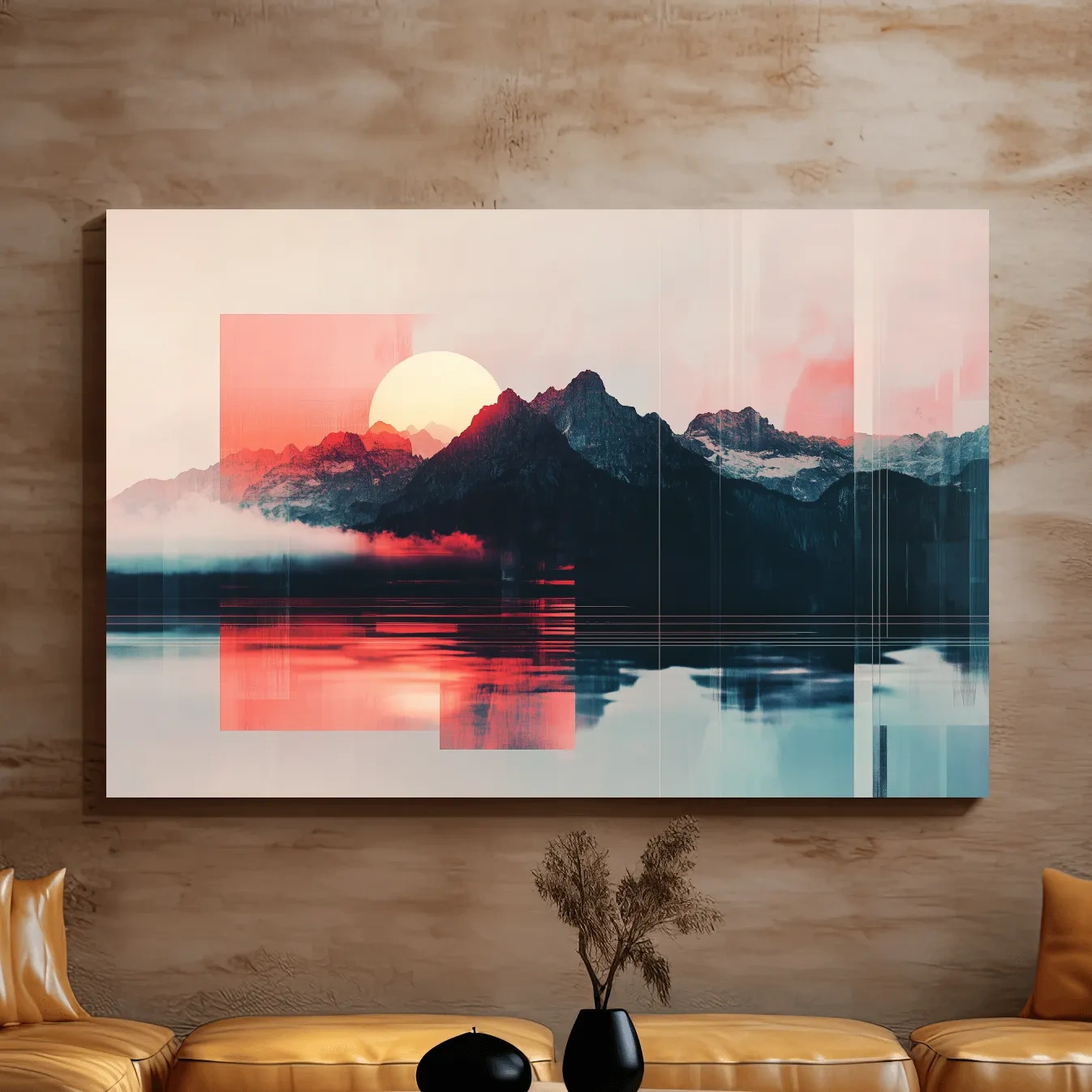 Sunset mountain wall art, glitch art effect