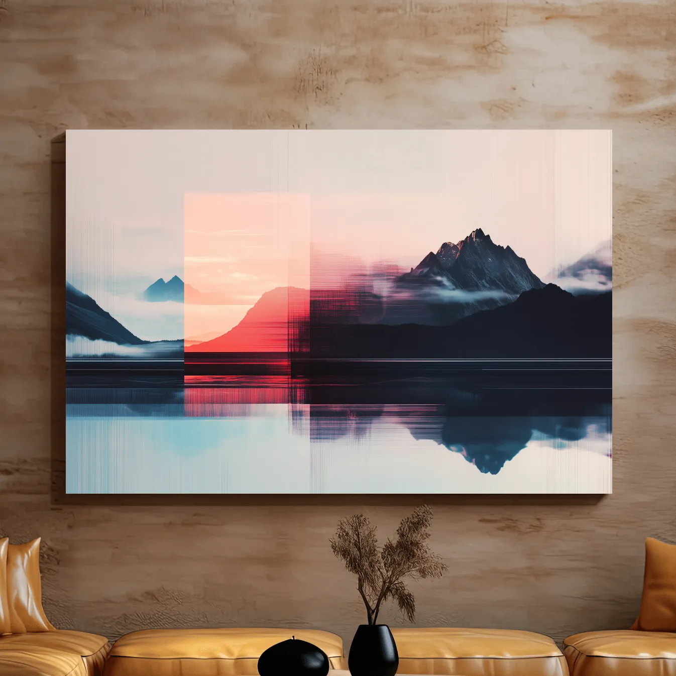 Mountains in the clouds at sunset, glitched wall art effect