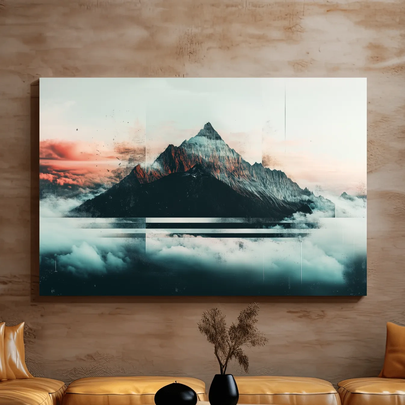 Mountain peak in the clouds at sunset, glitch style artwork