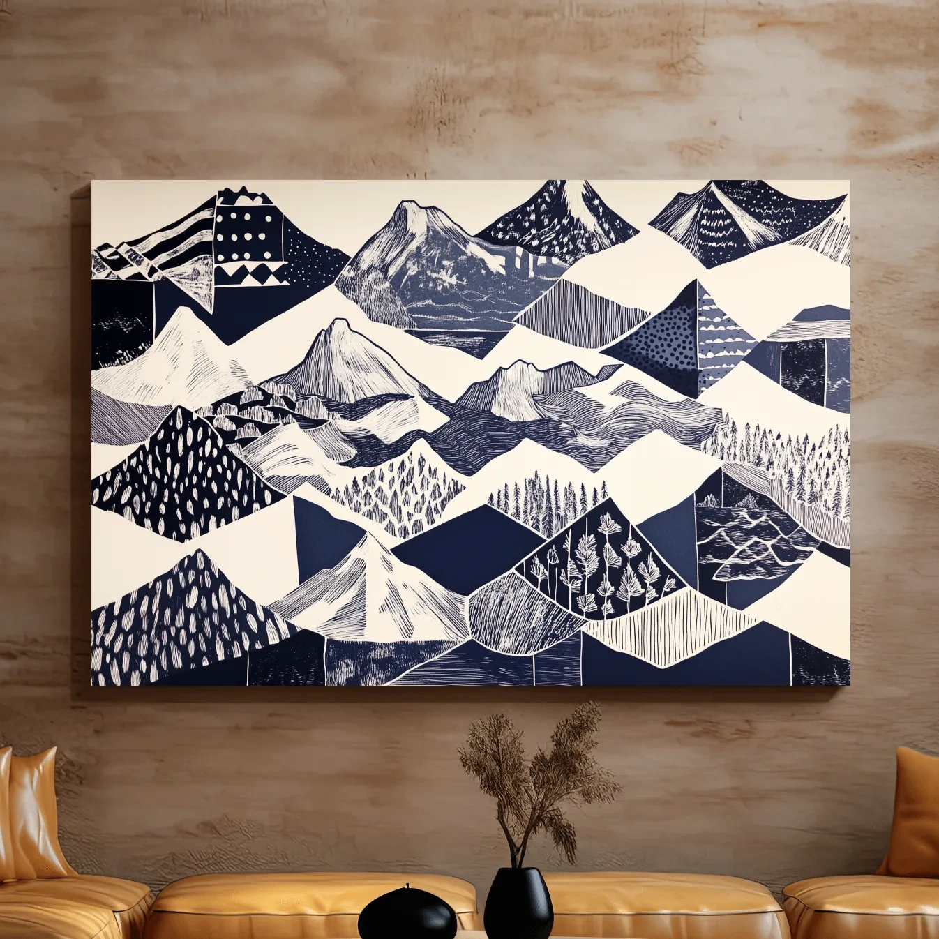 Linocut patchwork style mountain wall artwork print, black and white