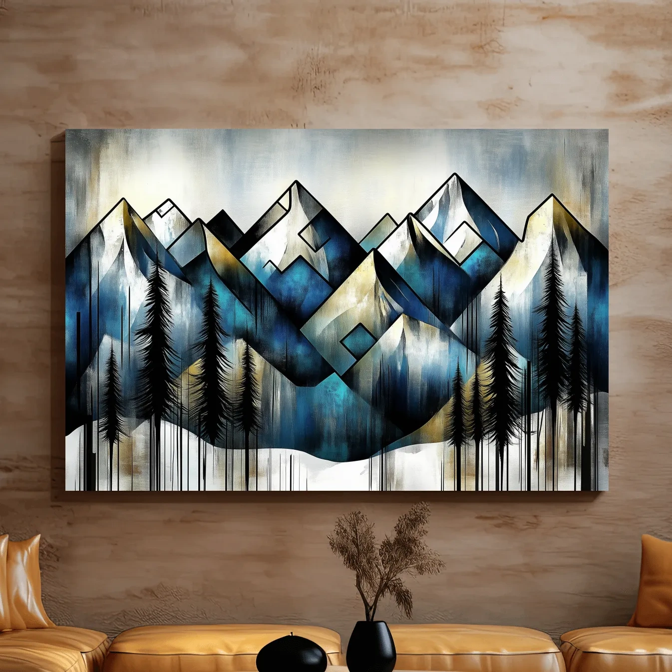 Abstract geometric mountain painting, textured wall art effect