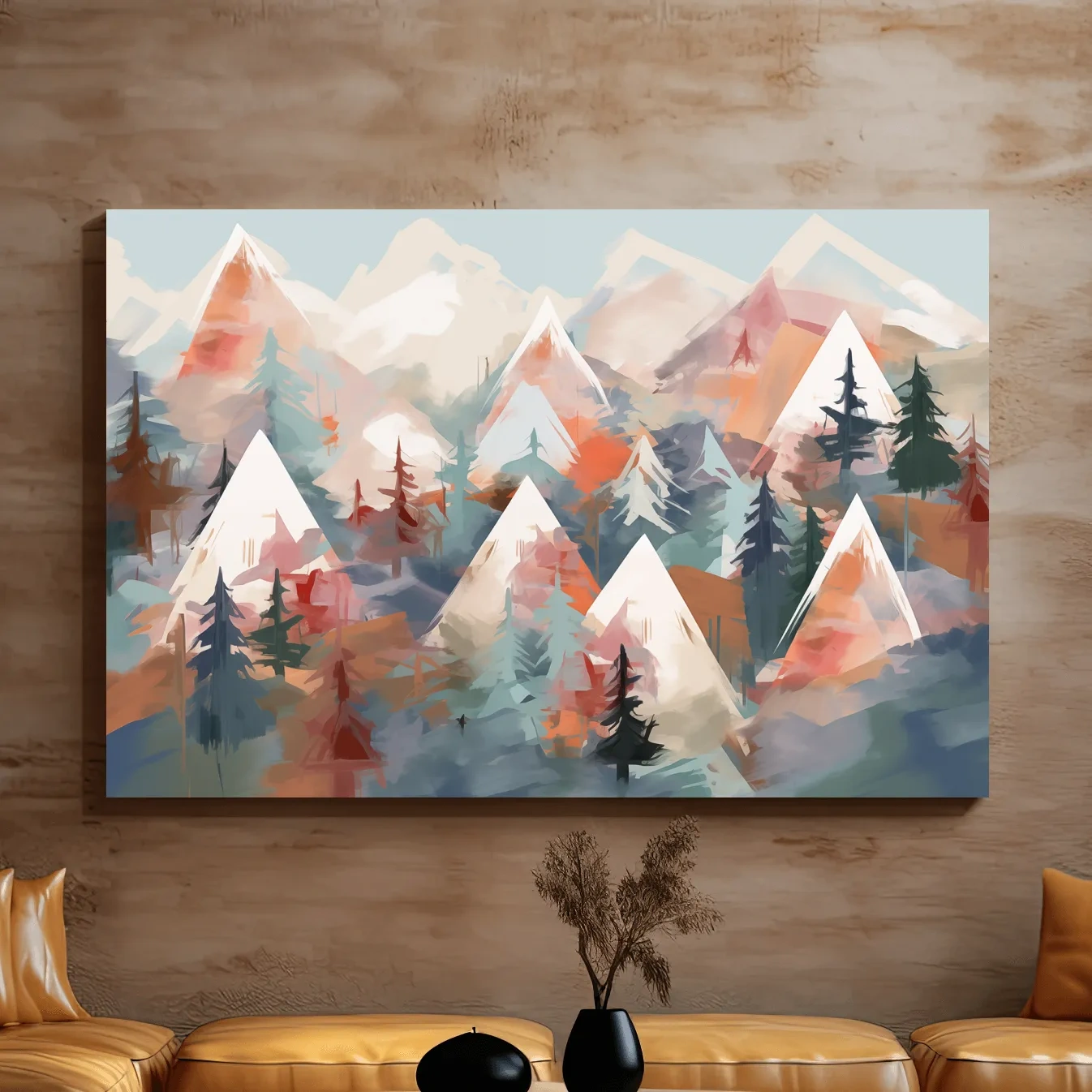 Abstract Alpine Peaks And Pine Forest - Pastel Watercolor Mountain Landscape Wall Art