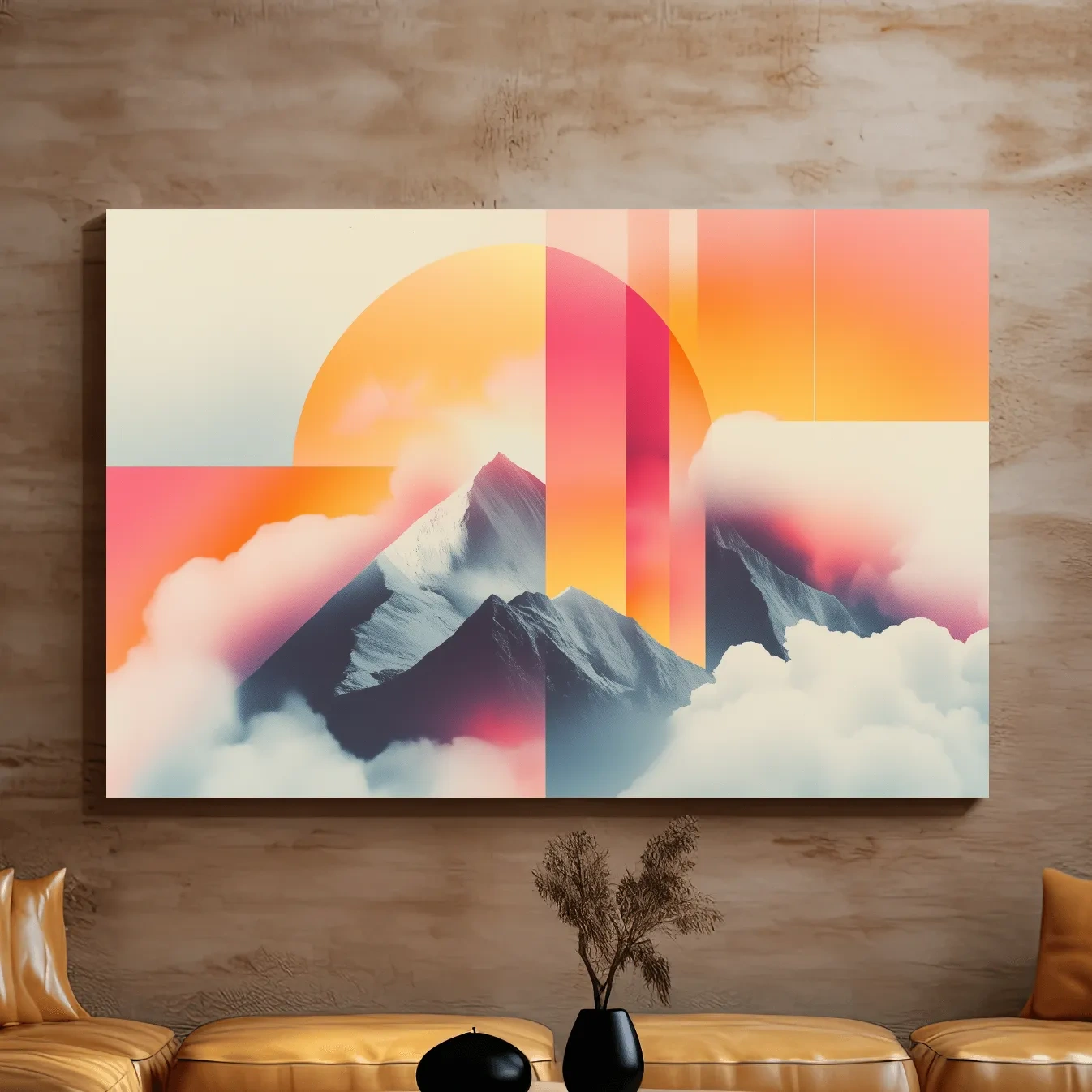 Surreal Retro Mountain Sunrise Wall Art - Abstract Artwork