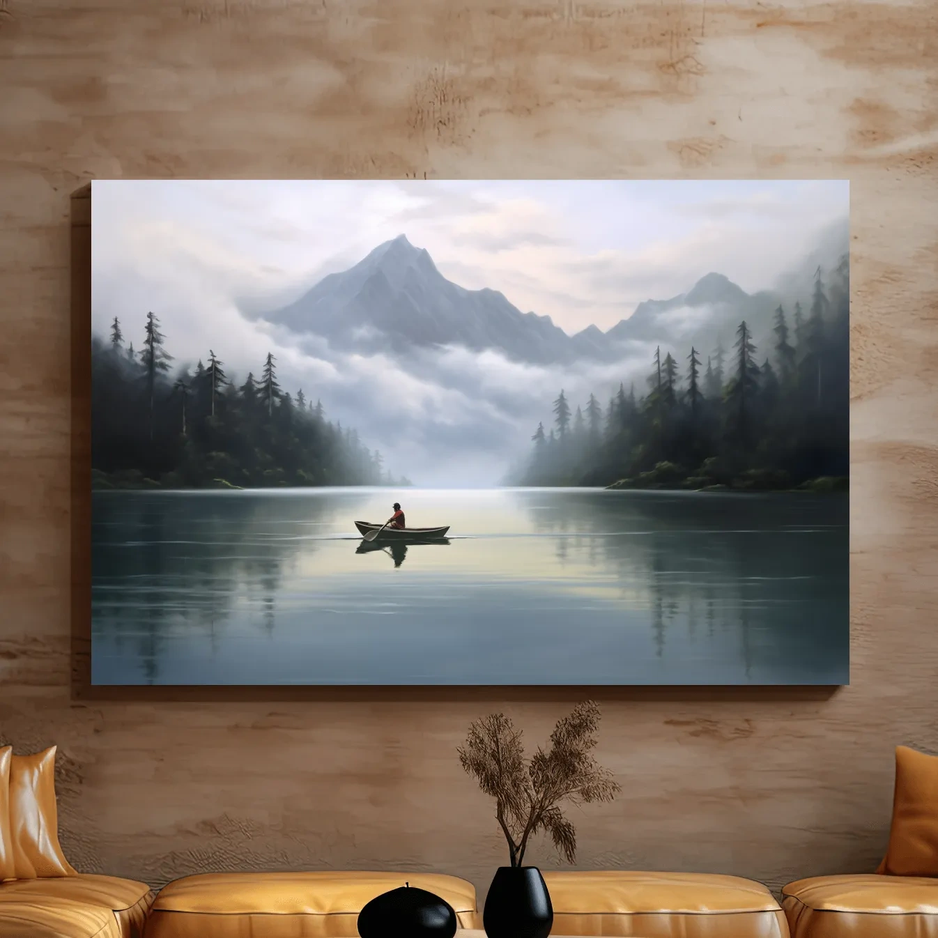Misty Mountain Alpine Lake Canoe Scene - Serene Landscape Wall Art