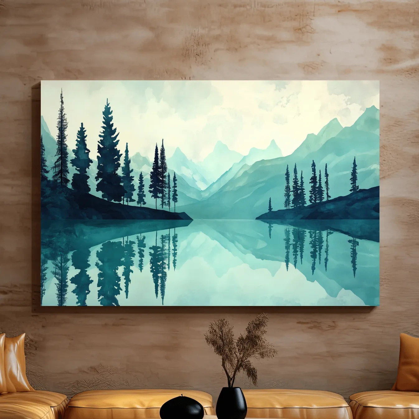 Watercolor painting wall art, view over a treelined alpine lake
