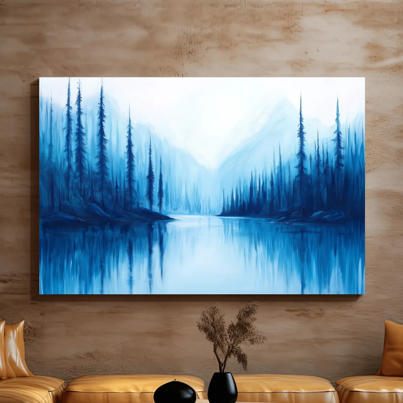 Misty Blue Alpine Lake & Pine Forest - Impressionist Landscape Painting Artwork